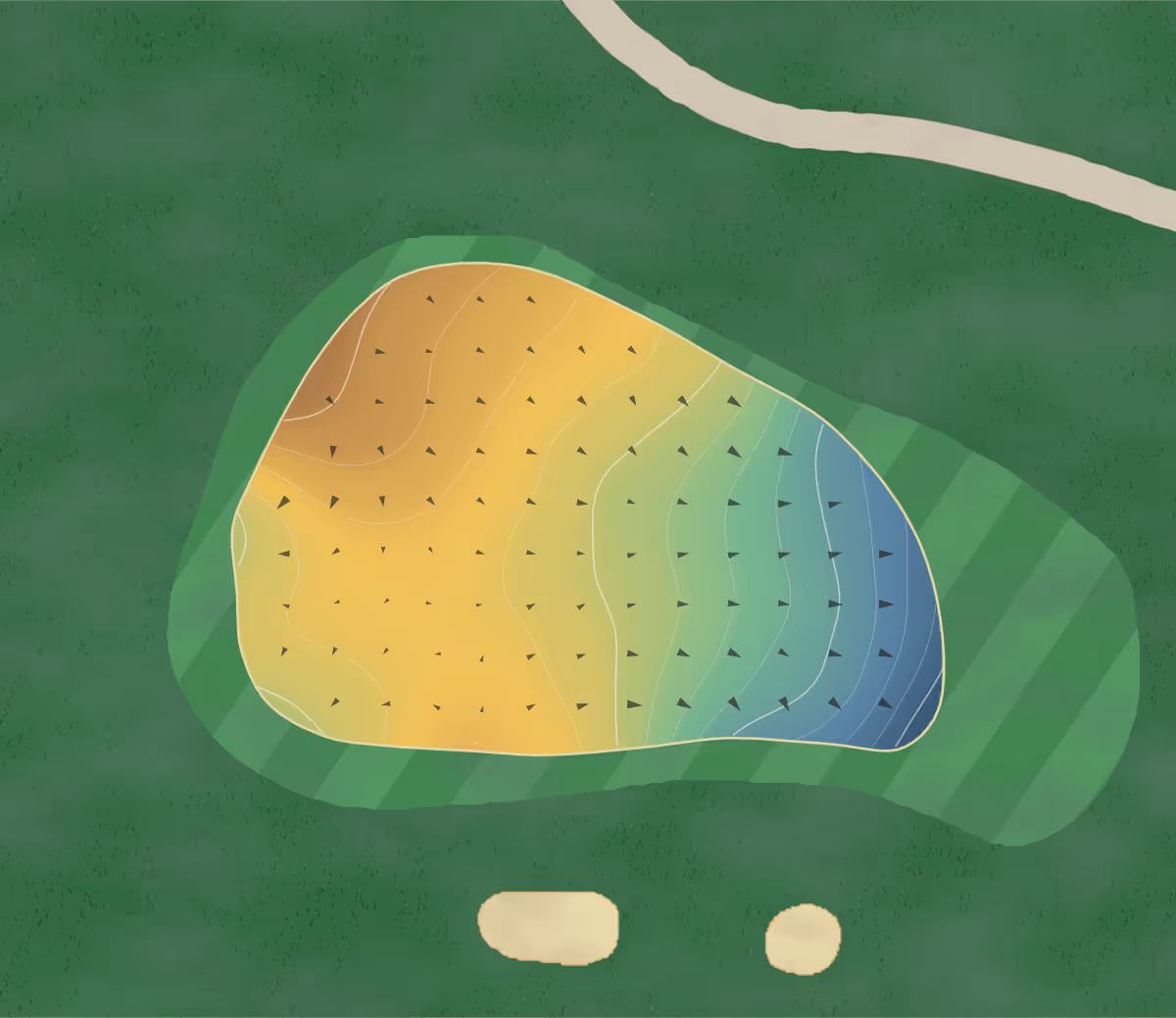 Green contour map of Cc Indianapolis in Indianapolis, Indiana — 138 elevation contours at a 3-inch interval with fall-line arrows, traced from 1-meter lidar
