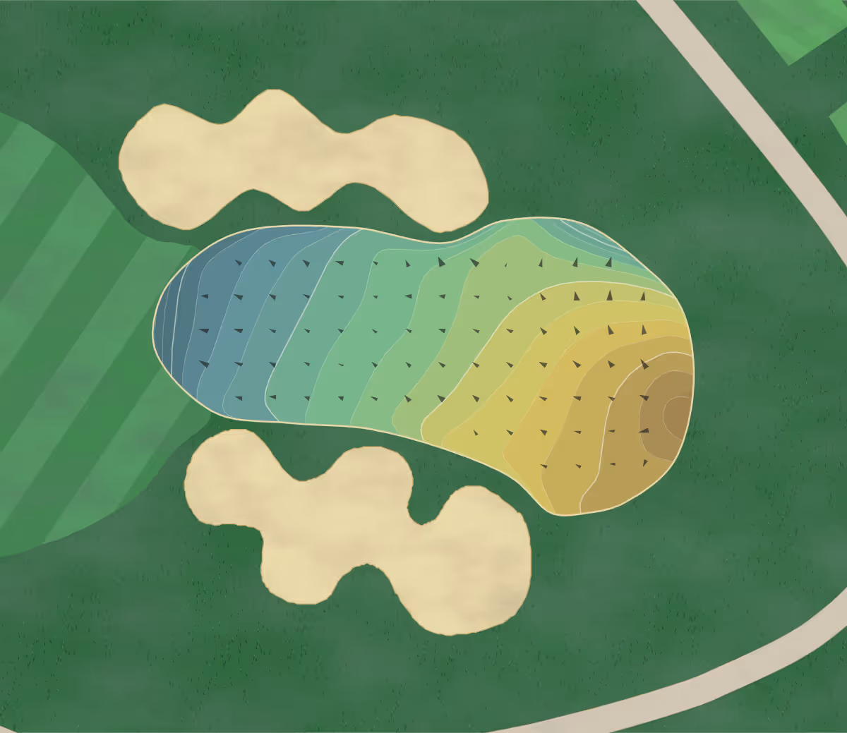 Green contour map of CC Paducah in Paducah, Kentucky — 264 elevation contours at a 3-inch interval with fall-line arrows, traced from 1-meter lidar