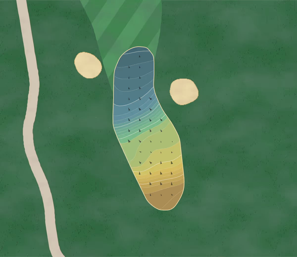 Green contour map of CC Roswell in Roswell, Georgia — 203 elevation contours at a 3-inch interval with fall-line arrows, traced from 1-meter lidar