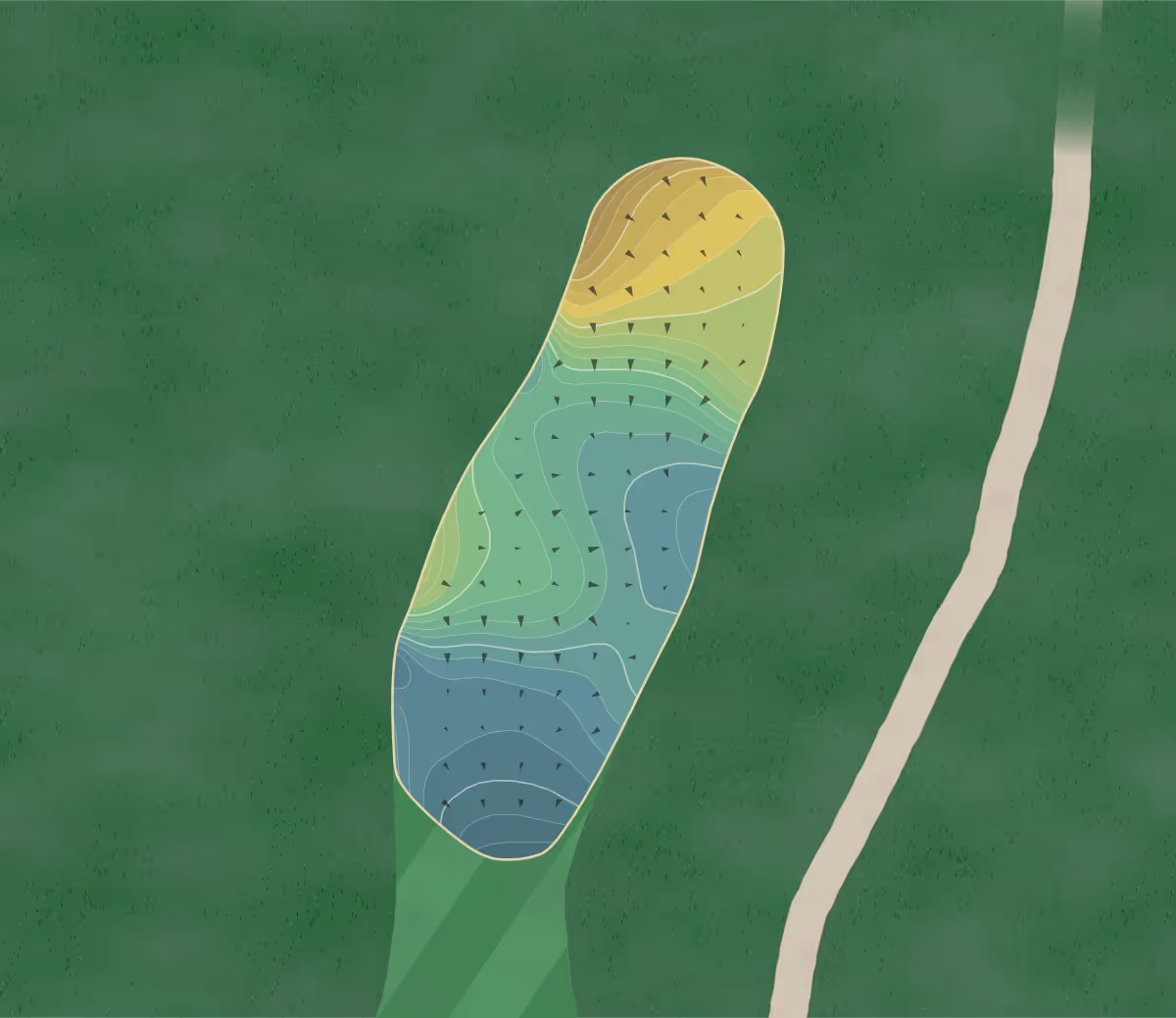 Green contour map of Cedar Creek in San Antonio, Texas — 256 elevation contours at a 3-inch interval with fall-line arrows, traced from 1-meter lidar