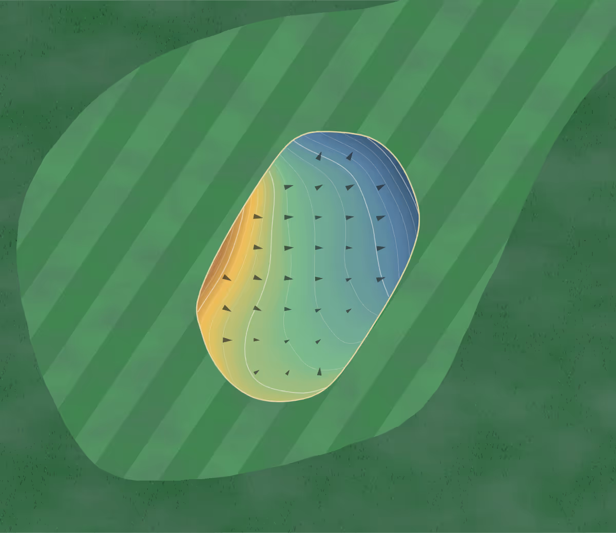 Green contour map of Cedar Crest Golf Course in Skiatook, Oklahoma — 69 elevation contours at a 3-inch interval with fall-line arrows, traced from 1-meter lidar