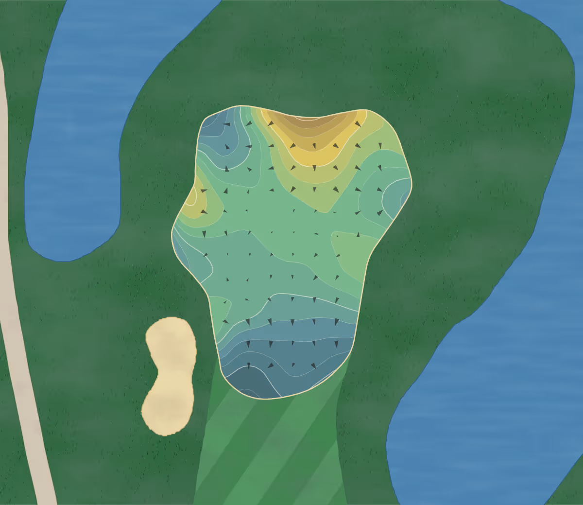 Green contour map of Cedar Glen in New Baltimore, Michigan — 210 elevation contours at a 3-inch interval with fall-line arrows, traced from 1-meter lidar
