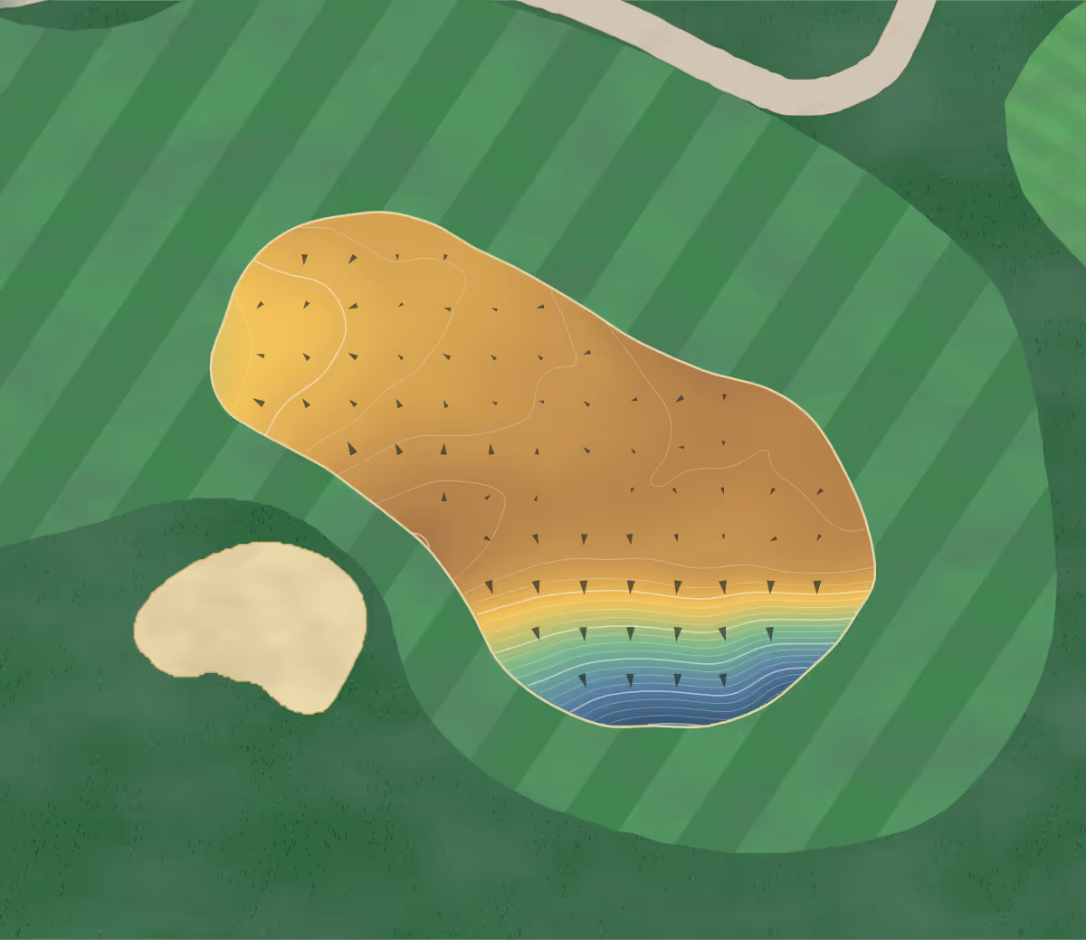 Green contour map of Cedar Point Golf Course in Patuxent River, Maryland — 210 elevation contours at a 3-inch interval with fall-line arrows, traced from 1-meter lidar