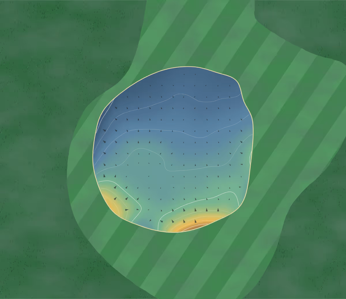 Green contour map of Celbridge Elm Hall in Celbridge, Ireland — 28 elevation contours at a 8-centimeter interval with fall-line arrows, traced from 1-meter lidar