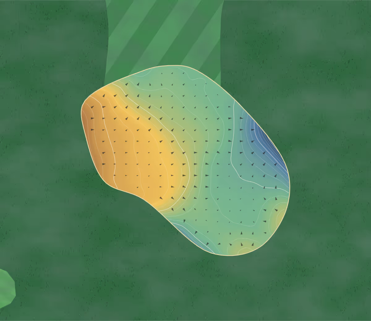 Green contour map of Montgomerie Course in Newport, United Kingdom — 300 elevation contours at a 8-centimeter interval with fall-line arrows, traced from 1-meter lidar