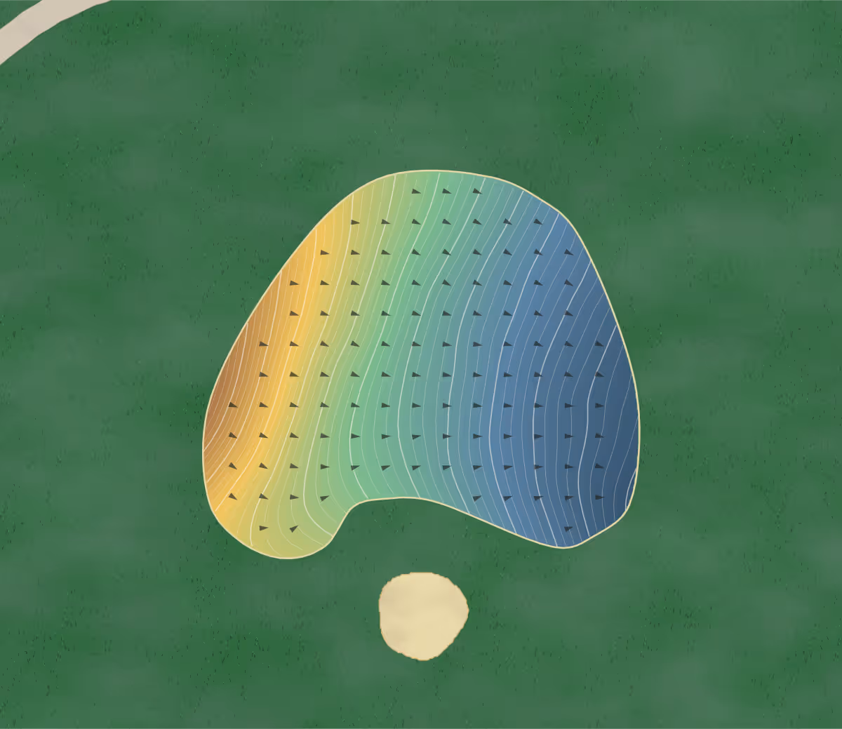Green contour map of Celtic Manor in Cardiff, Wales: 348 elevation contours at a 8-centimeter interval with fall-line arrows, traced from 1-meter lidar