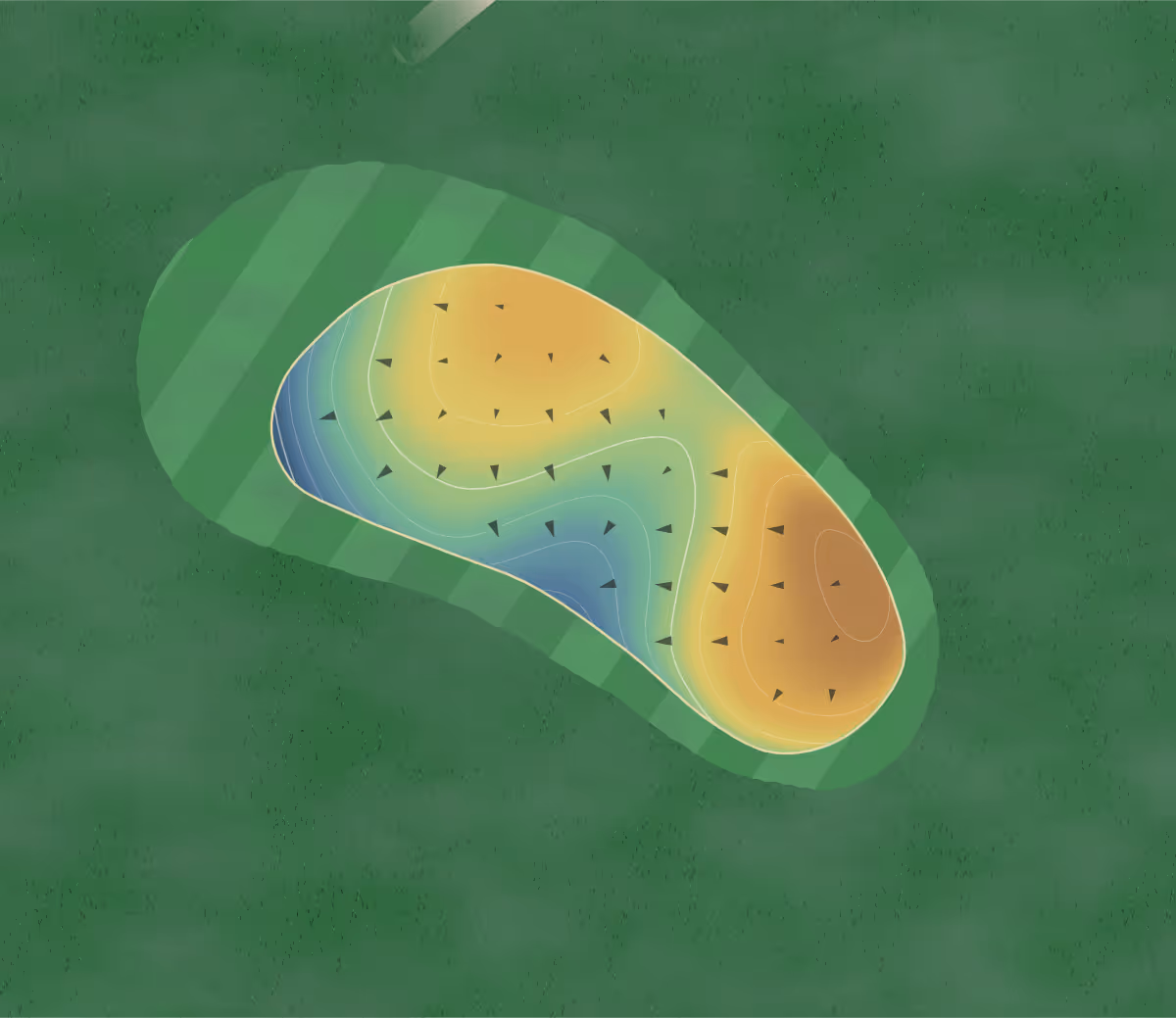 Green contour map of Centennial Park in Ontario, Canada — 49 elevation contours at a 8-centimeter interval with fall-line arrows, traced from 1-meter lidar