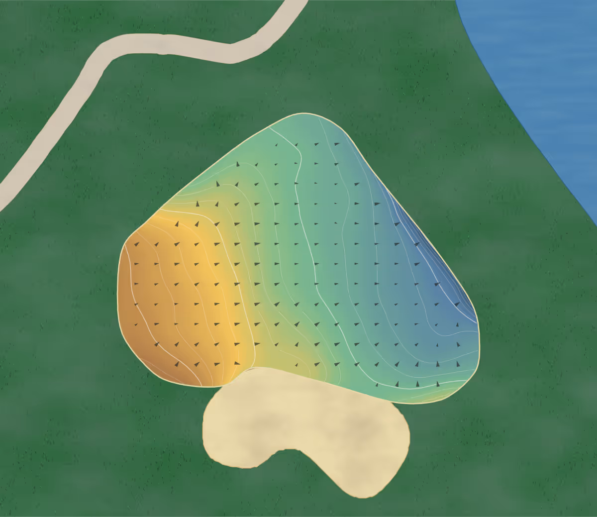 Green contour map of Centurion Club in St Albans, England: 124 elevation contours at a 8-centimeter interval with fall-line arrows, traced from 1-meter lidar