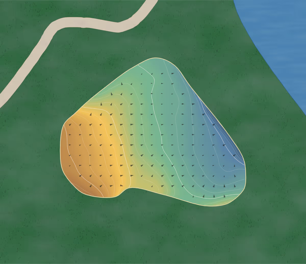 Green contour map of Centurion in St Albans, England — 97 elevation contours at a 8-centimeter interval with fall-line arrows, traced from 1-meter lidar