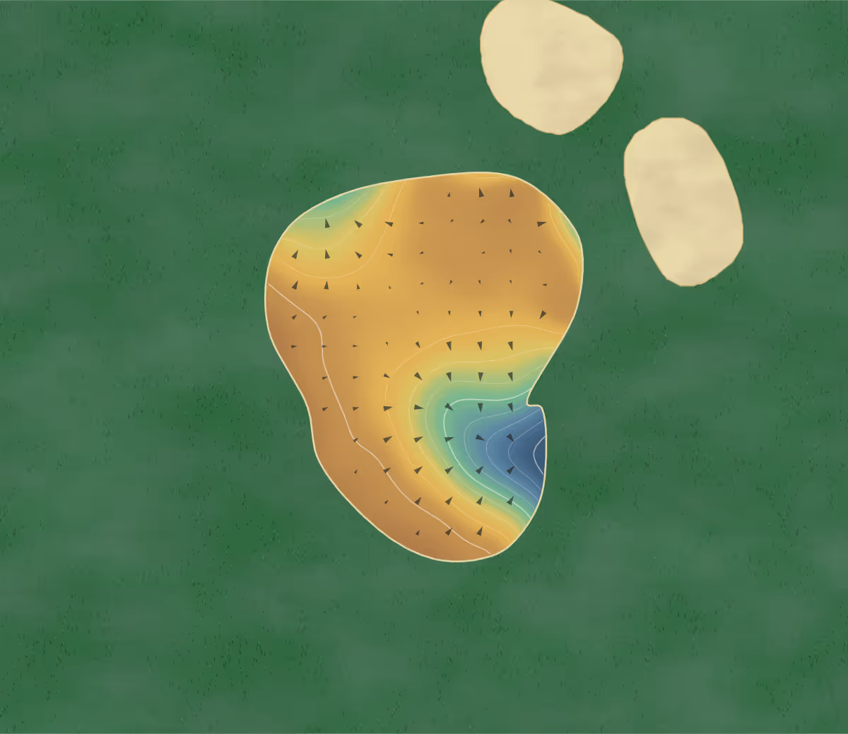 Green contour map of Chadwell Springs in Ware, England: 89 elevation contours at a 8-centimeter interval with fall-line arrows, traced from 1-meter lidar