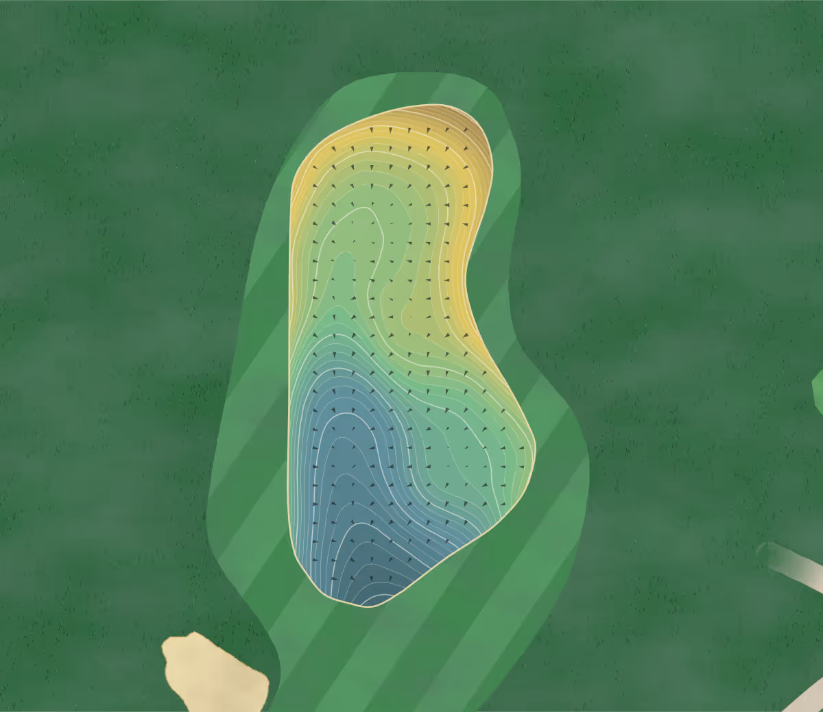 Green contour map of Chambers Bay in University Place, Washington — 369 elevation contours at a 3-inch interval with fall-line arrows, traced from 1-meter lidar