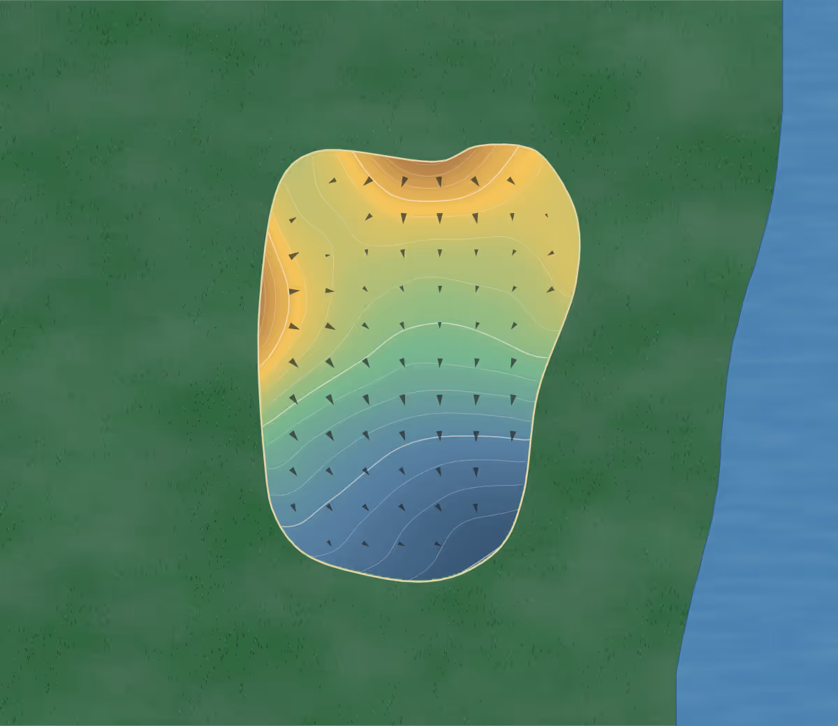 Green contour map of Champion Lakes in McAllen, Texas — 181 elevation contours at a 3-inch interval with fall-line arrows, traced from 1-meter lidar