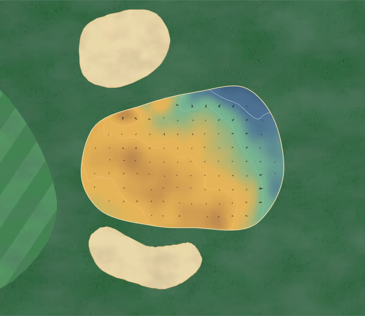 Green contour map of Charnock Richard in Chorley, England: 3 elevation contours at a 8-centimeter interval with fall-line arrows, traced from 1-meter lidar