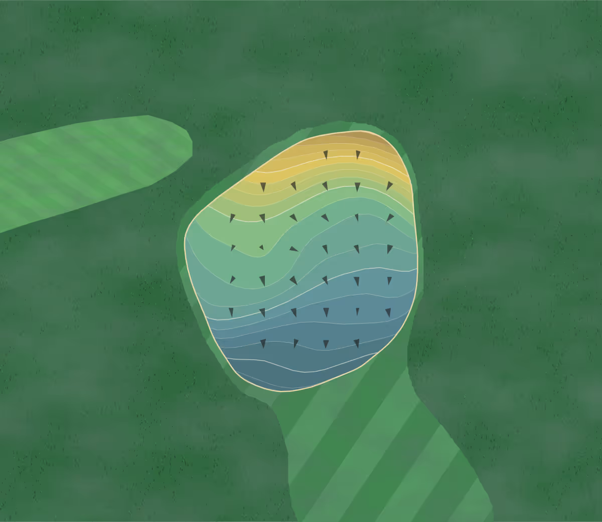 Green contour map of Charwood GC in West Columbia, South Carolina — 183 elevation contours at a 3-inch interval with fall-line arrows, traced from 1-meter lidar