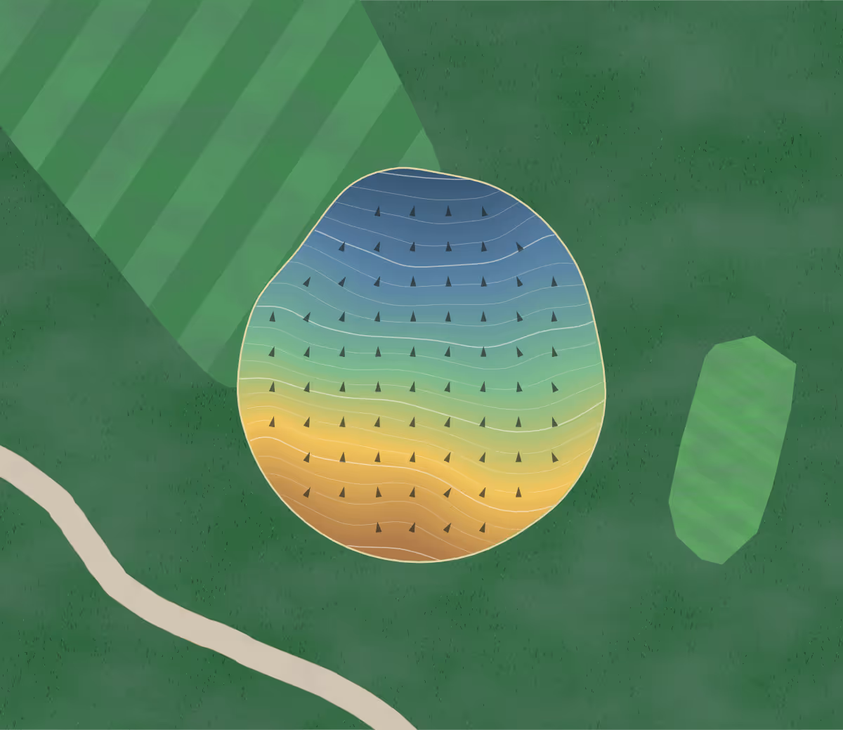 Green contour map of Chedoke in Hamilton, Canada: 236 elevation contours at a 8-centimeter interval with fall-line arrows, traced from 1-meter lidar