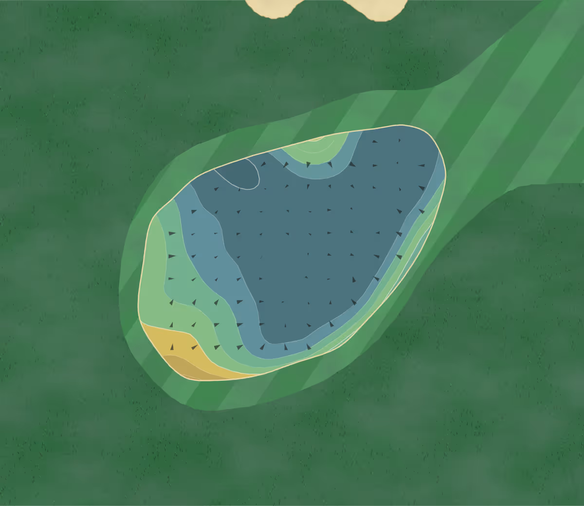 Green contour map of Chelsfield Lakes in Orpington, England — 145 elevation contours at a 8-centimeter interval with fall-line arrows, traced from 1-meter lidar