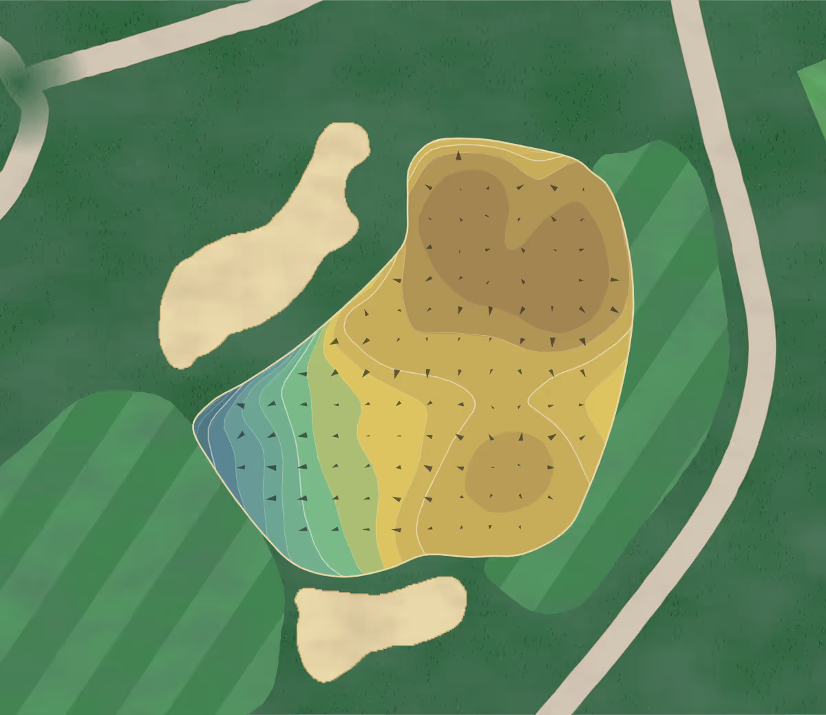 Green contour map of Cherokee CC in Knoxville, Tennessee — 191 elevation contours at a 3-inch interval with fall-line arrows, traced from 1-meter lidar