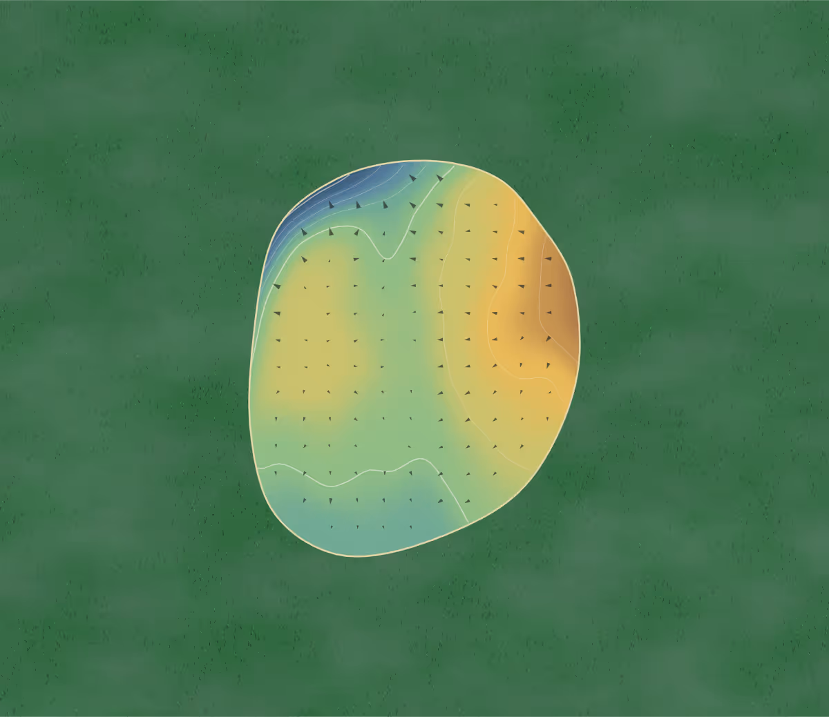 Green contour map of Cherry Burton in Beverley, England: 8 elevation contours at a 8-centimeter interval with fall-line arrows, traced from 1-meter lidar