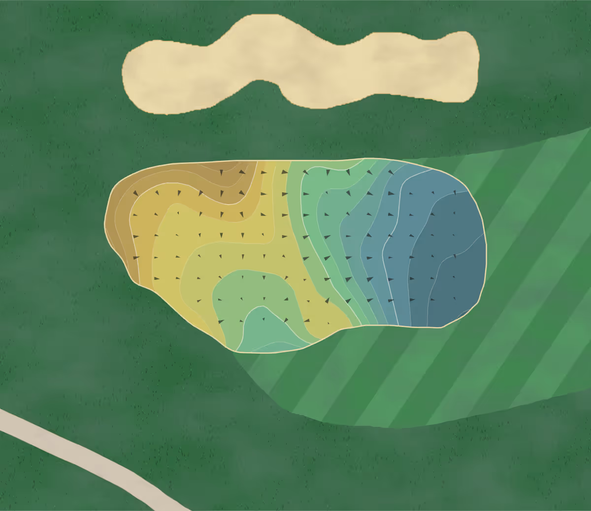 Green contour map of Cherry Creek in Shelby Twp, Michigan — 190 elevation contours at a 3-inch interval with fall-line arrows, traced from 1-meter lidar