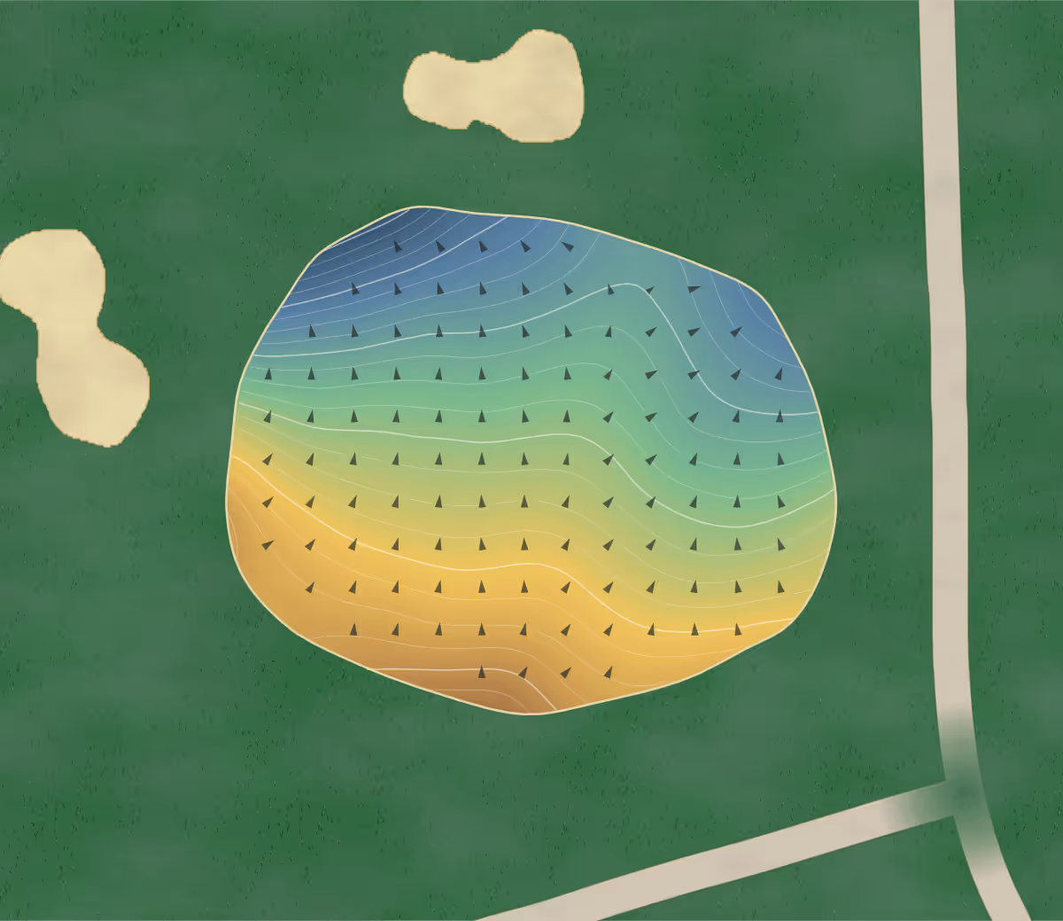 Green contour map of Cherry Downs in Pickering, Canada — 237 elevation contours at a 8-centimeter interval with fall-line arrows, traced from 1-meter lidar