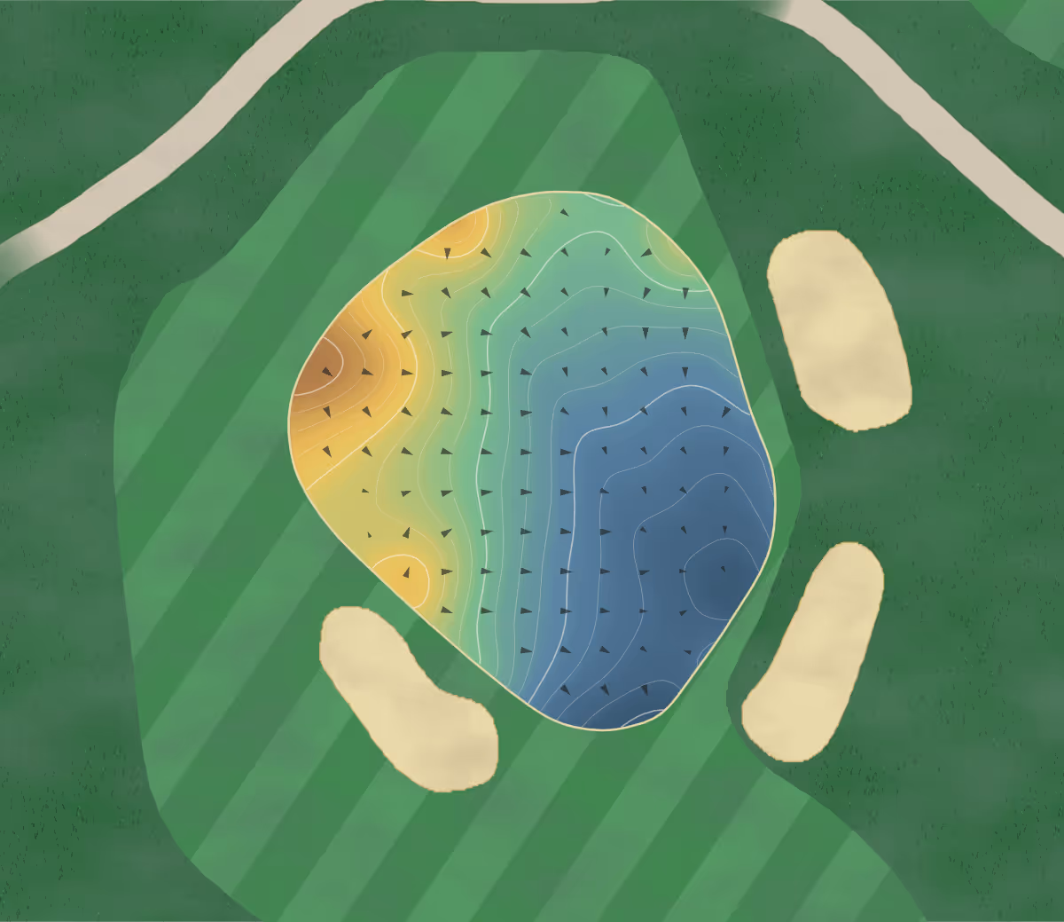 Green contour map of Cherry Hill Club in Brimley, Canada — 208 elevation contours at a 8-centimeter interval with fall-line arrows, traced from 1-meter lidar