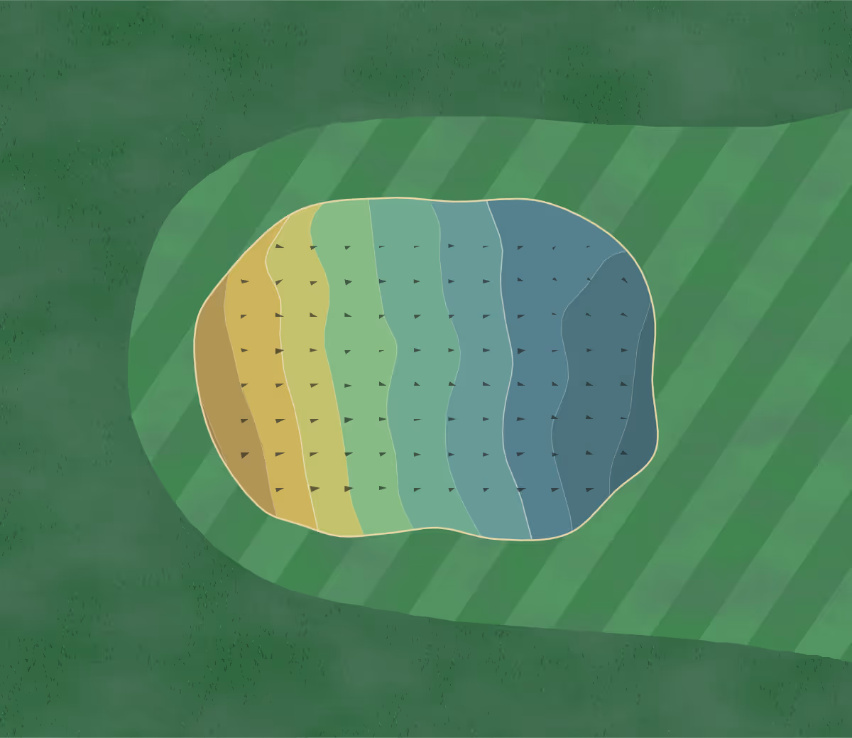 Green contour map of Cherwell Edge in Oxon, England — 100 elevation contours at a 8-centimeter interval with fall-line arrows, traced from 1-meter lidar