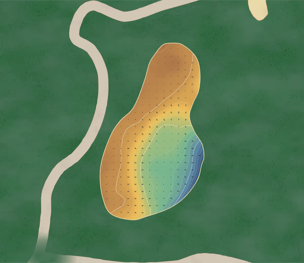 Green contour map of Chesfield Downs in Nr Stevenage, England — 109 elevation contours at a 8-centimeter interval with fall-line arrows, traced from 1-meter lidar