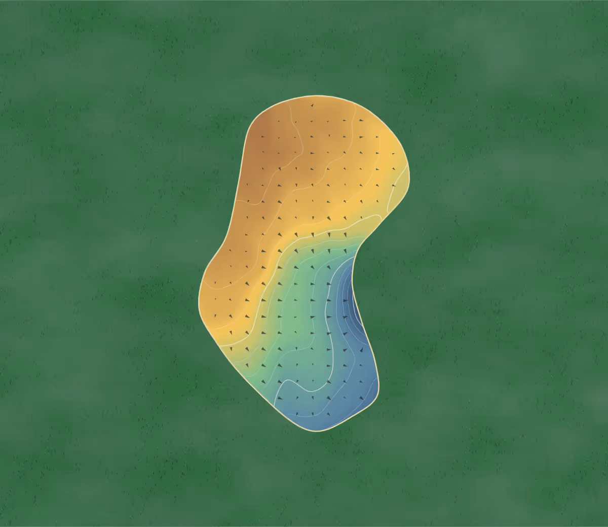 Green contour map of Cheshunt Park in Cheshunt, England — 177 elevation contours at a 8-centimeter interval with fall-line arrows, traced from 1-meter lidar