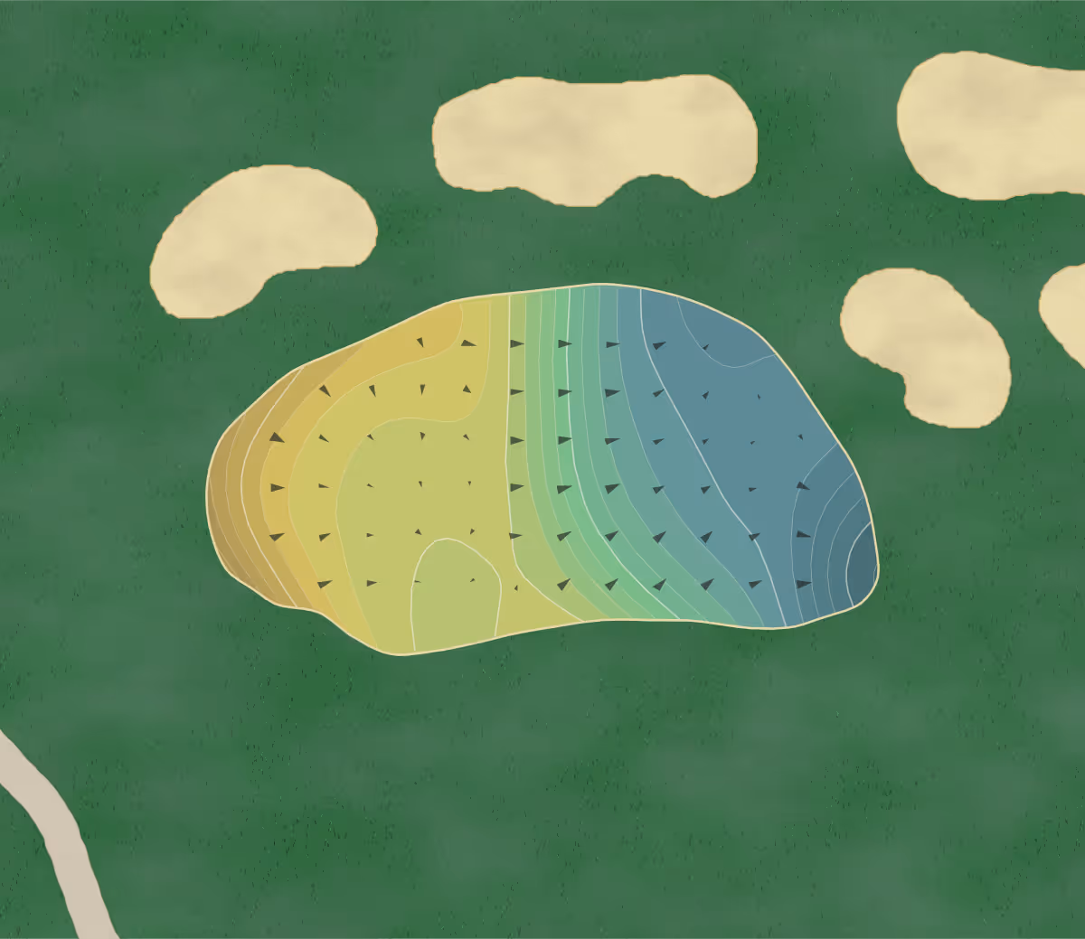 Green contour map of Chestatee GC in Dawsonville, Georgia — 226 elevation contours at a 3-inch interval with fall-line arrows, traced from 1-meter lidar