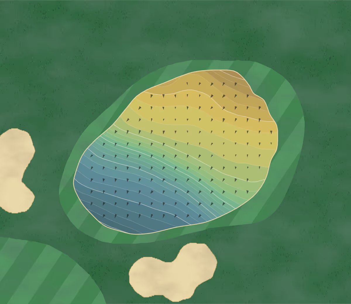 Green contour map of Chesterfield GC in Chesterfield, England — 190 elevation contours at a 8-centimeter interval with fall-line arrows, traced from 1-meter lidar