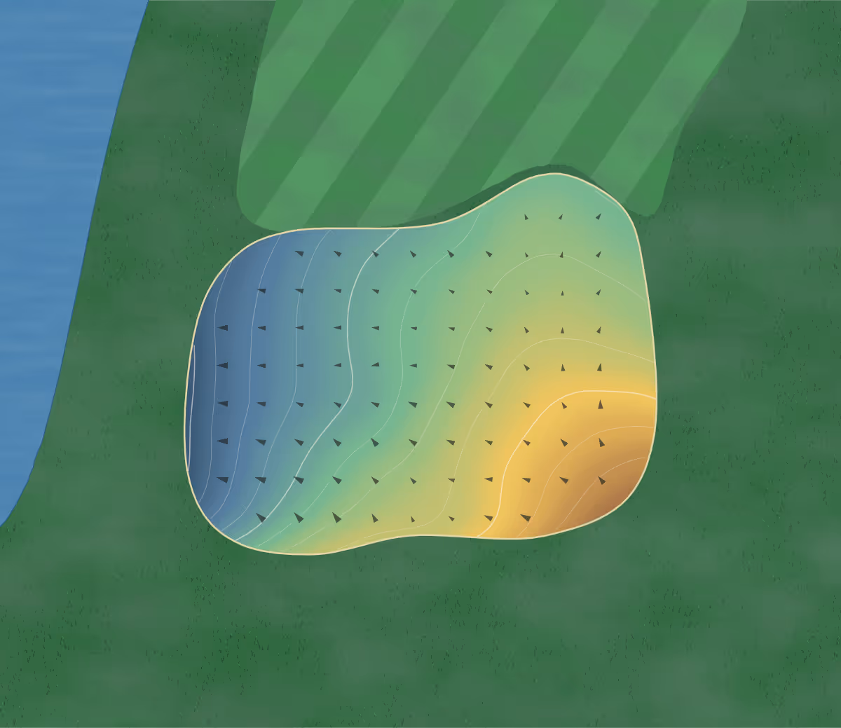 Green contour map of Chestnut Hills in New Haven, Indiana: 151 elevation contours at a 3-inch interval with fall-line arrows, traced from 1-meter lidar