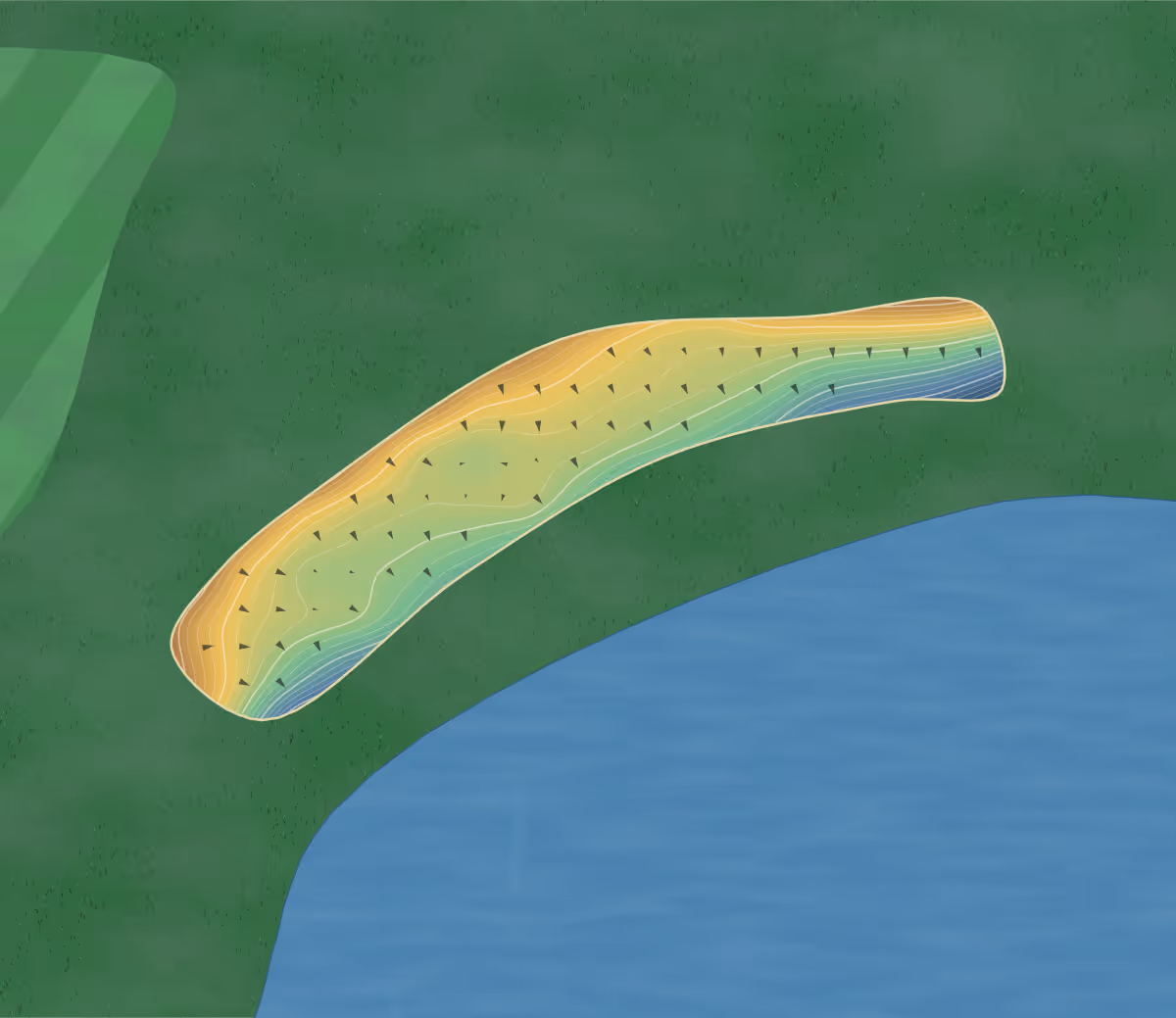 Green contour map of Chiba Sakuranosato in Katori, Japan: 182 elevation contours at a 8-centimeter interval with fall-line arrows, traced from 1-meter lidar