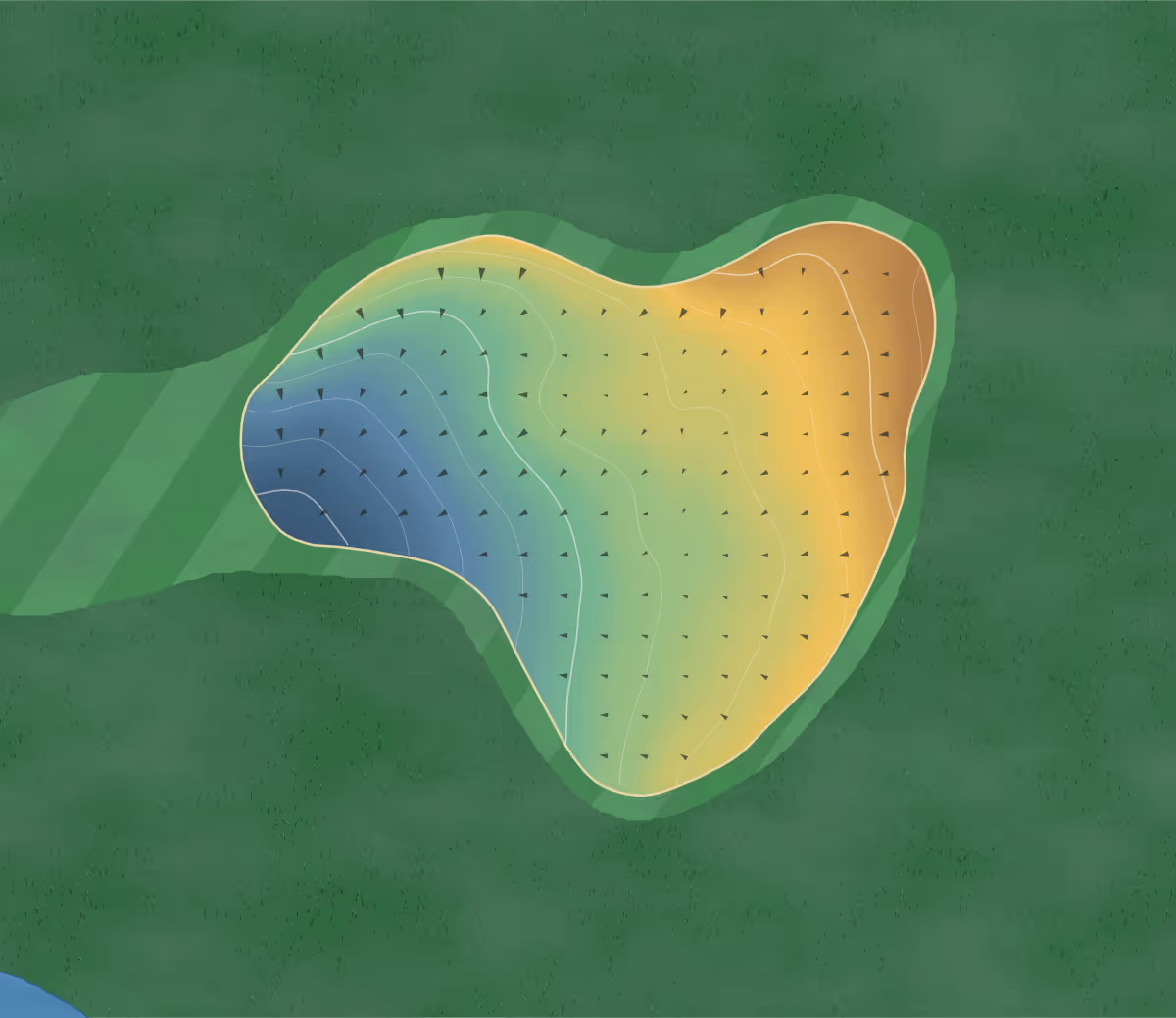 Green contour map of Chichester in Chichester, England: 142 elevation contours at a 8-centimeter interval with fall-line arrows, traced from 1-meter lidar