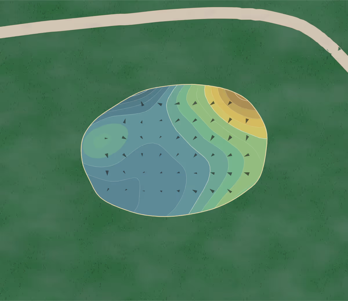 Green contour map of Chick Evans in Morton Grove, Illinois — 199 elevation contours at a 3-inch interval with fall-line arrows, traced from 1-meter lidar