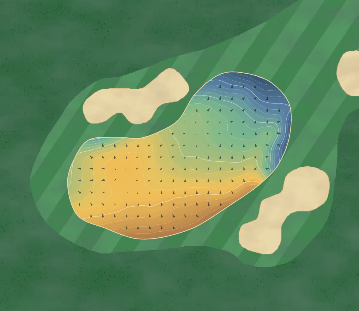 Green contour map of Chigwell in Chigwell, England — 254 elevation contours at a 8-centimeter interval with fall-line arrows, traced from 1-meter lidar