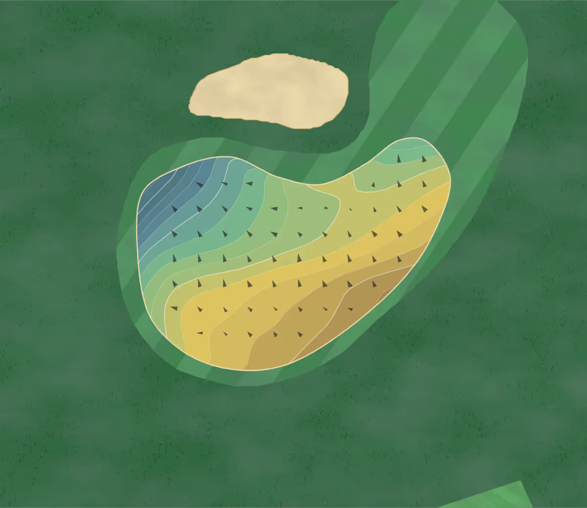 Green contour map of Chilworth Golf in Southampton, England — 160 elevation contours at a 8-centimeter interval with fall-line arrows, traced from 1-meter lidar