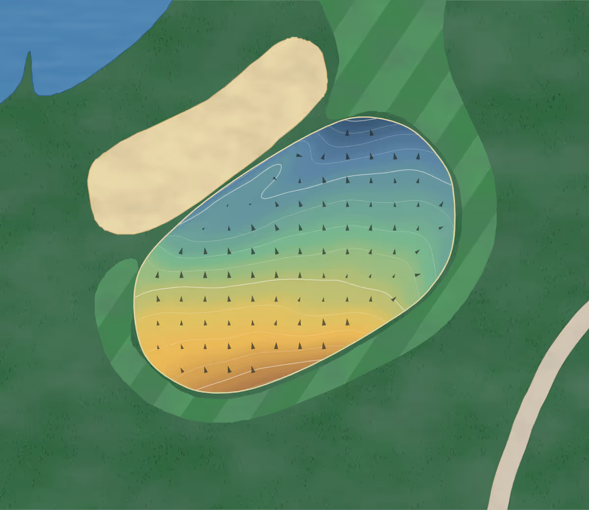 Green contour map of Chomonix in Lino Lakes, Minnesota: 204 elevation contours at a 3-inch interval with fall-line arrows, traced from 1-meter lidar