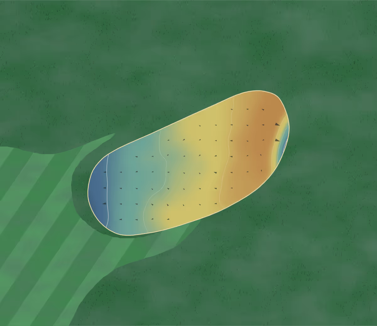 Green contour map of Chorleywood in Chorleywood, England: 3 elevation contours at a 8-centimeter interval with fall-line arrows, traced from 1-meter lidar
