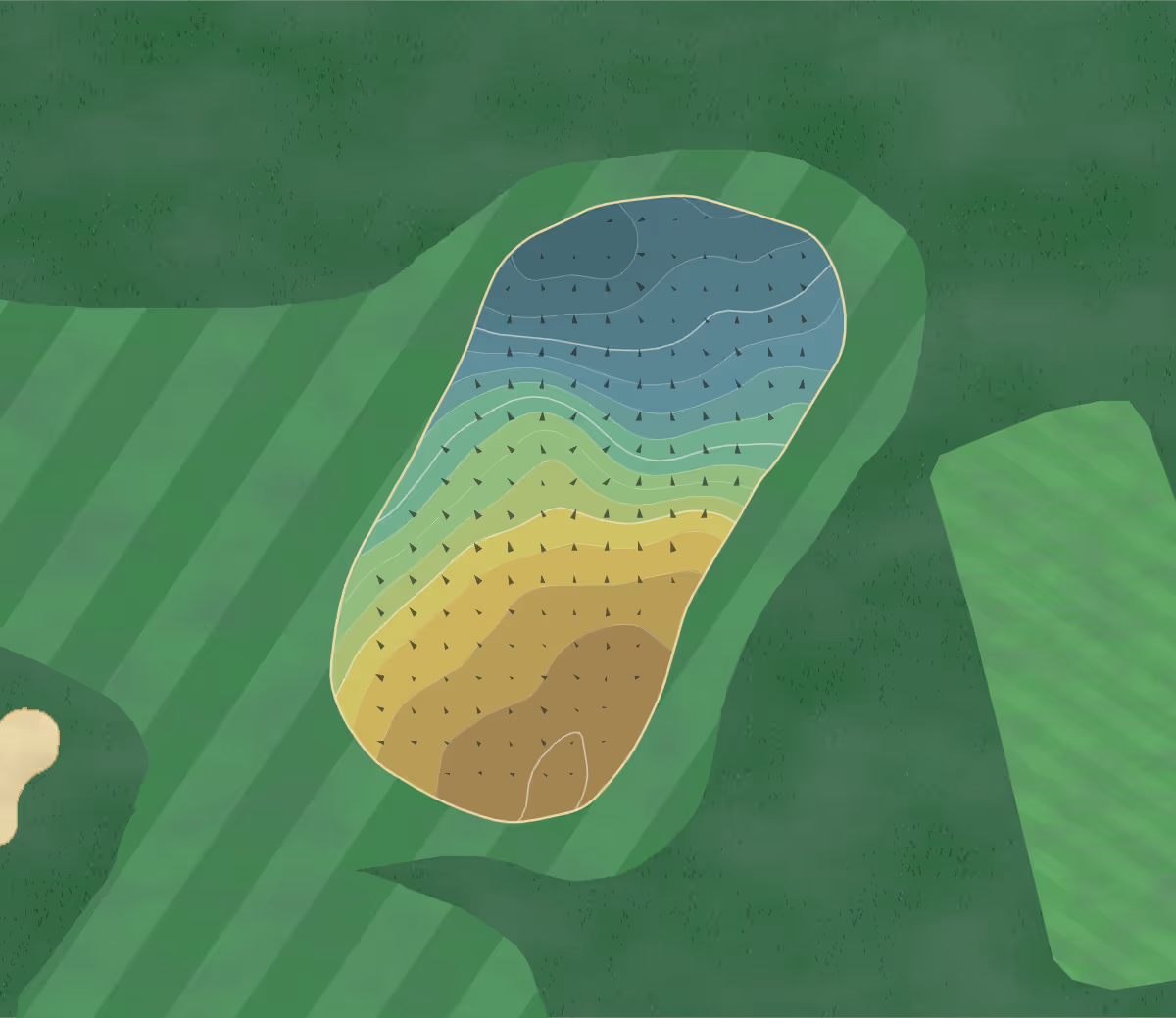 Green contour map of Chorlton Cum in Manchester, England — 144 elevation contours at a 8-centimeter interval with fall-line arrows, traced from 1-meter lidar