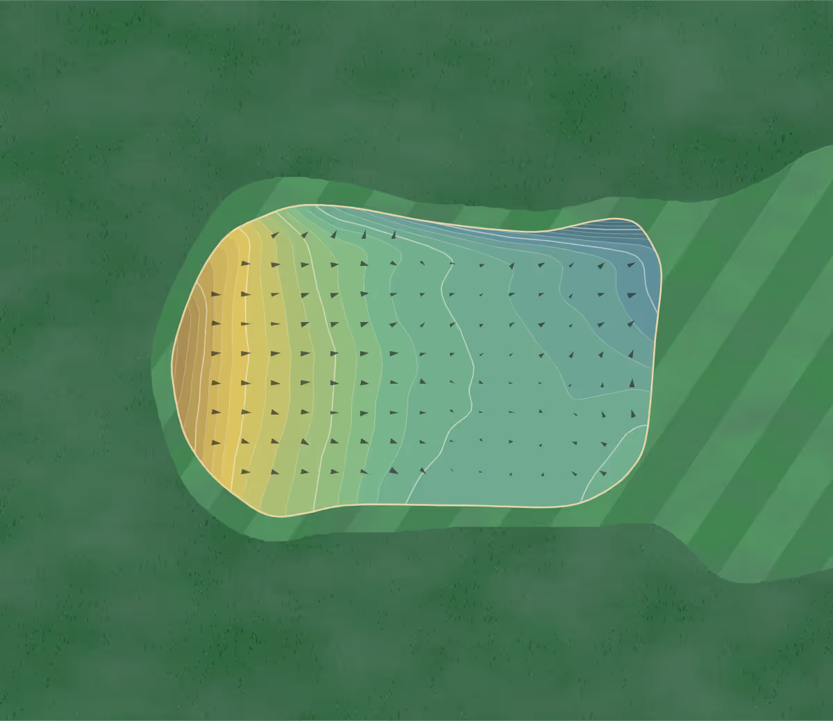 Green contour map of Church Stretton in Church Stretton, England — 233 elevation contours at a 8-centimeter interval with fall-line arrows, traced from 1-meter lidar