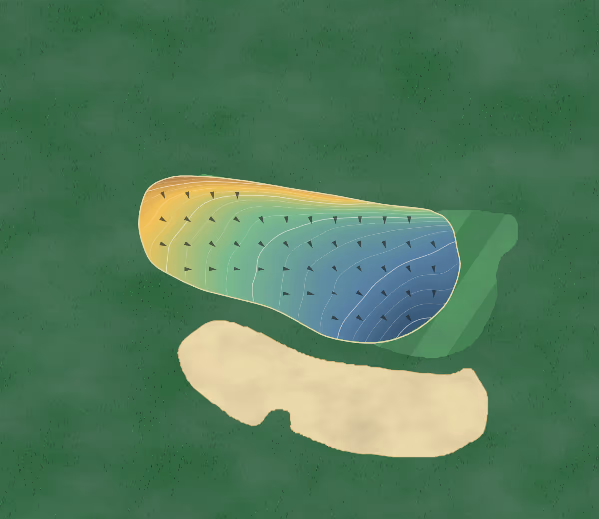 Green contour map of Churchill & Blakedown in Nr Kidderminster, England: 92 elevation contours at a 8-centimeter interval with fall-line arrows, traced from 1-meter lidar