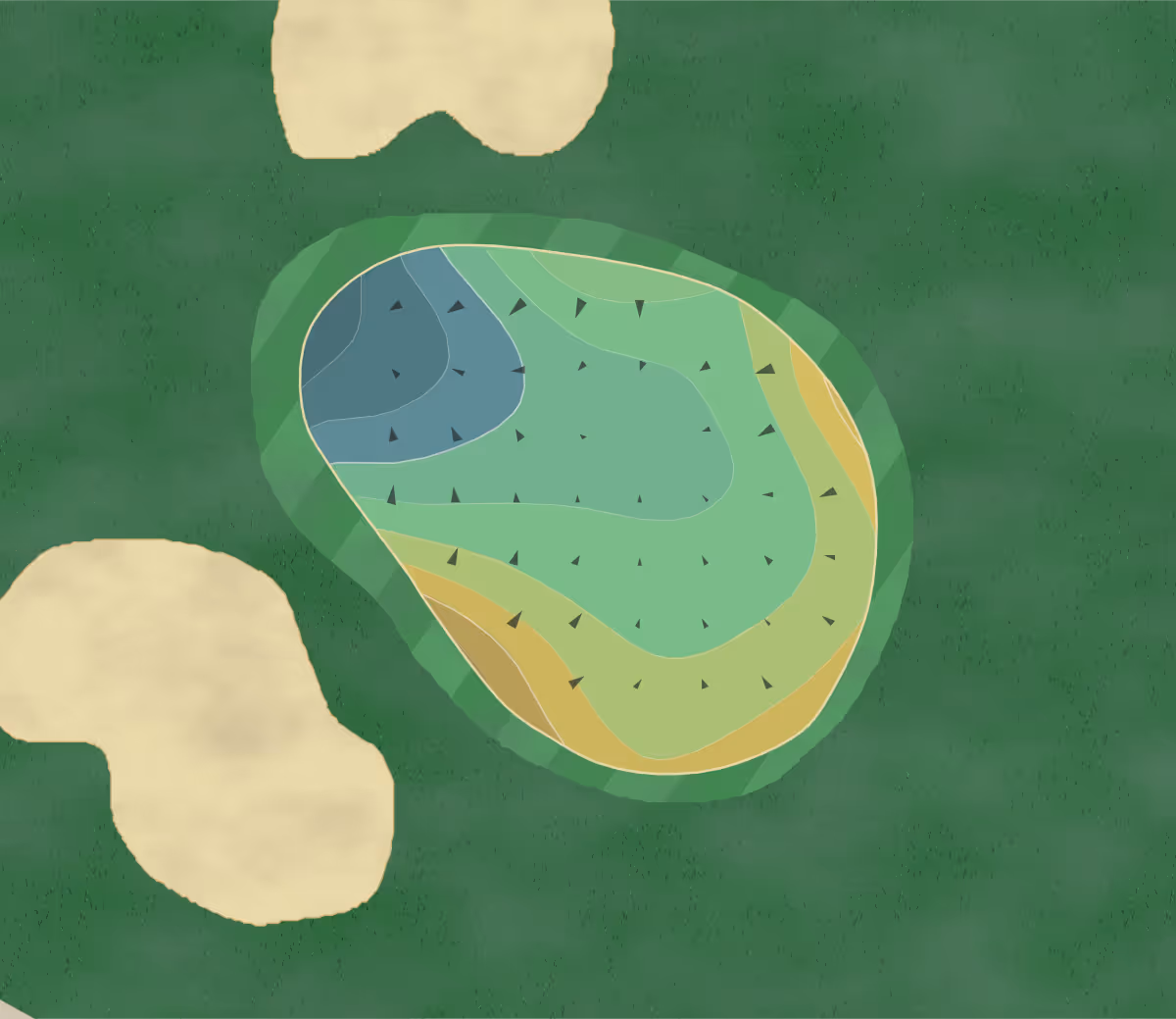 Green contour map of Churchill Greens in The Villages, Florida — 68 elevation contours at a 3-inch interval with fall-line arrows, traced from 1-meter lidar