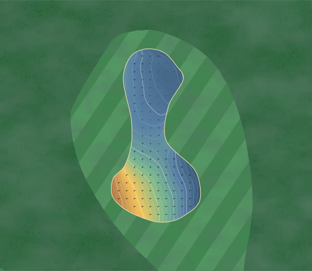 Green contour map of City Golf Leeds in Leeds, England: 91 elevation contours at a 8-centimeter interval with fall-line arrows, traced from 1-meter lidar