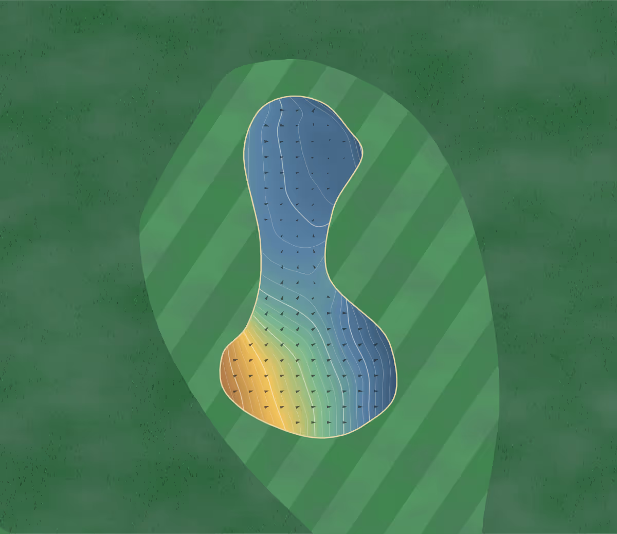 Green contour map of City Golf Leeds in Leeds, England — 91 elevation contours at a 8-centimeter interval with fall-line arrows, traced from 1-meter lidar