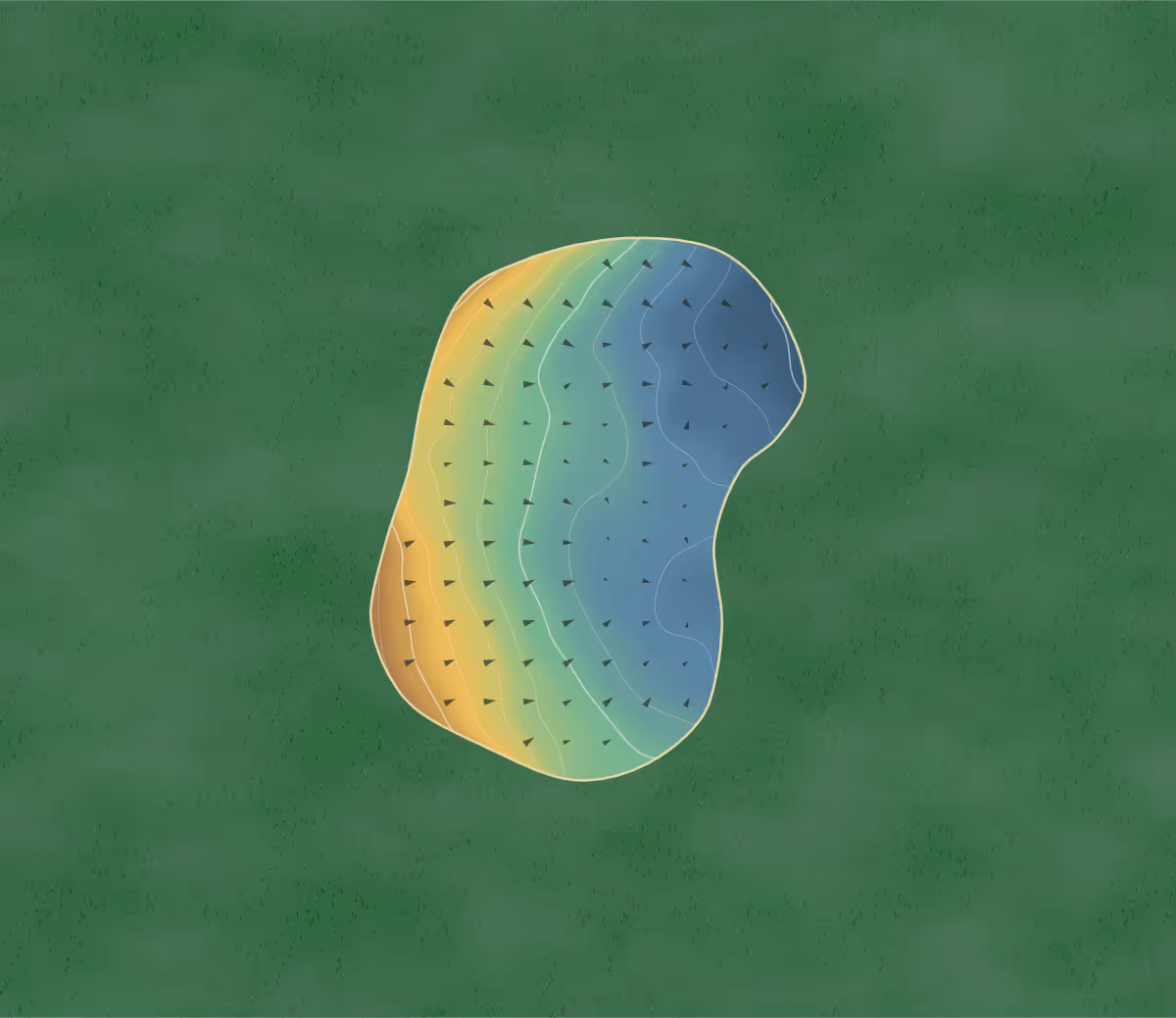 Green contour map of Clandeboye in Newtownards, Northern Ireland: 40 elevation contours at a 8-centimeter interval with fall-line arrows, traced from 1-meter lidar