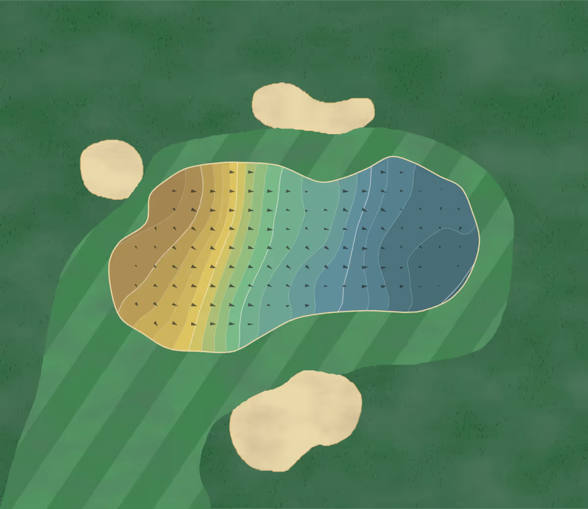 Green contour map of Clandon Regis in Guildford, England — 195 elevation contours at a 8-centimeter interval with fall-line arrows, traced from 1-meter lidar