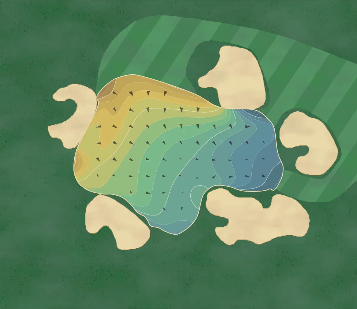 Green contour map of Claremont in Oakland, California — 265 elevation contours at a 3-inch interval with fall-line arrows, traced from 1-meter lidar
