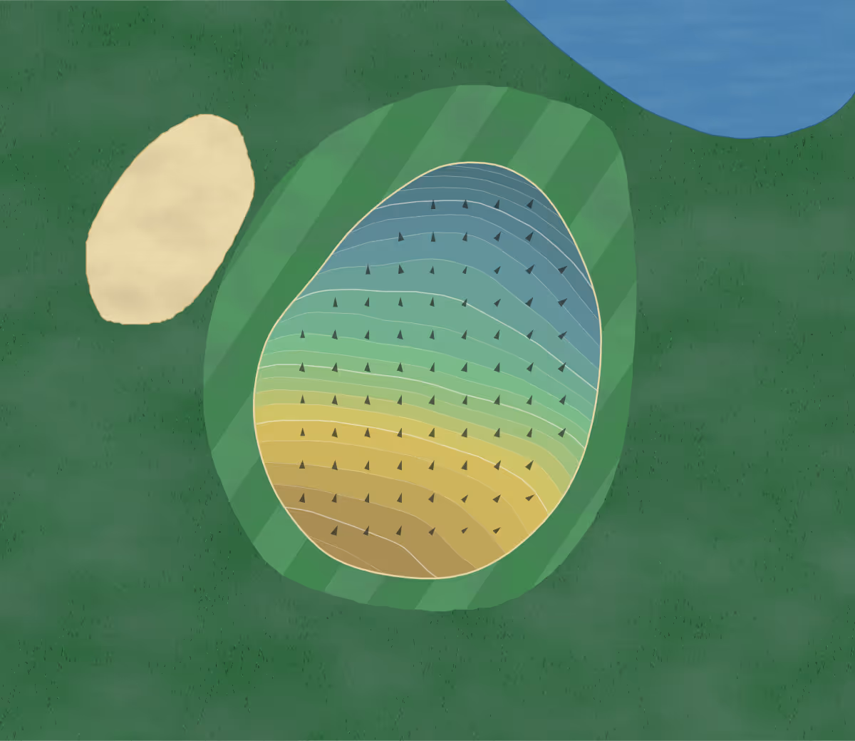 Green contour map of Clear Lake Golf Club in Clear Lake, Wisconsin — 106 elevation contours at a 3-inch interval with fall-line arrows, traced from 1-meter lidar