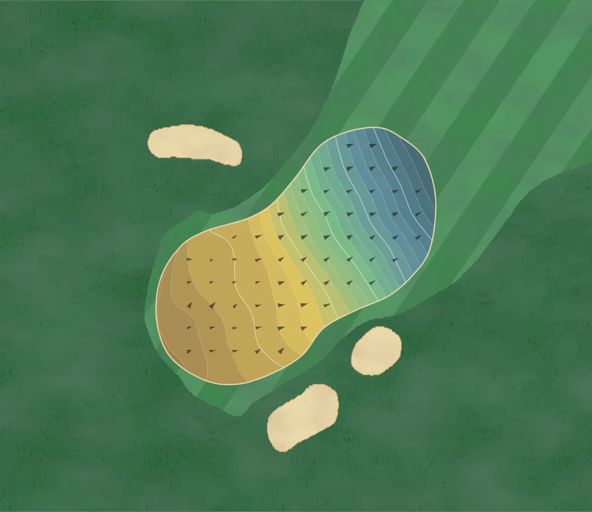 Green contour map of Cleeve Hill in Cheltenham, England — 201 elevation contours at a 8-centimeter interval with fall-line arrows, traced from 1-meter lidar