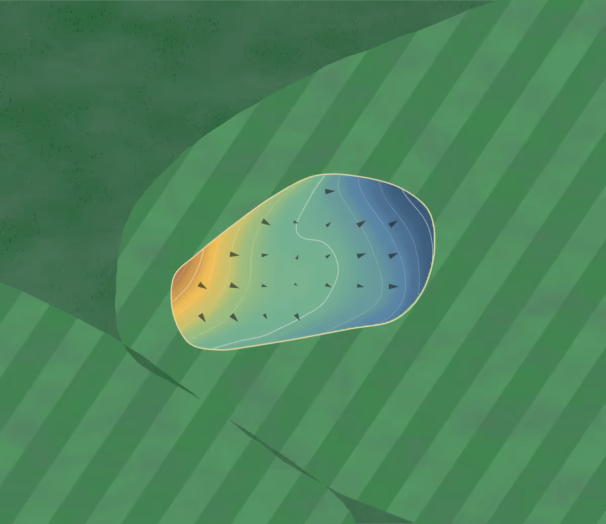 Green contour map of Clevedon in Clevedon, England — 87 elevation contours at a 8-centimeter interval with fall-line arrows, traced from 1-meter lidar
